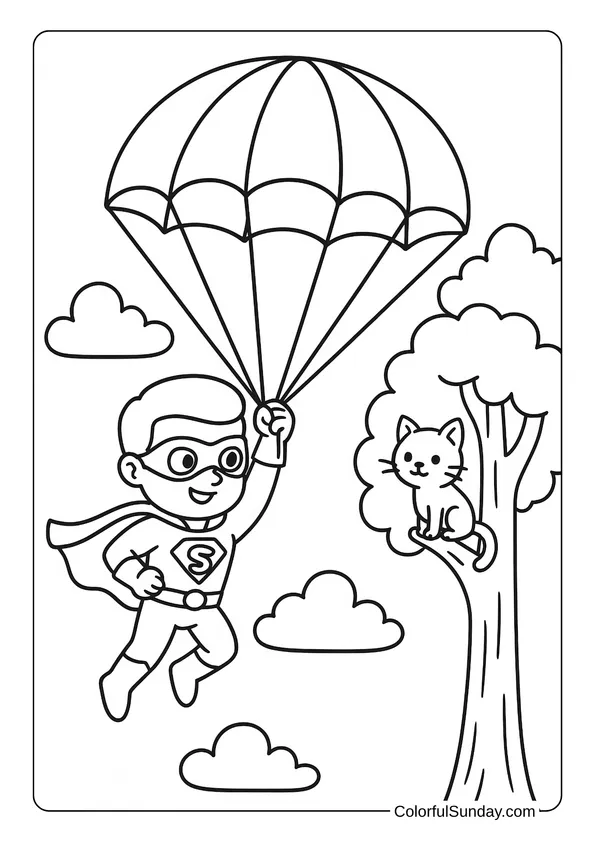 A superhero uses a parachute to rescue a kitten stuck in a tree in this action-themed coloring page.
