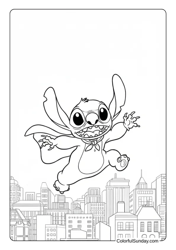 Stitch flies through the sky over a city wearing a superhero cape in this action-filled coloring page.