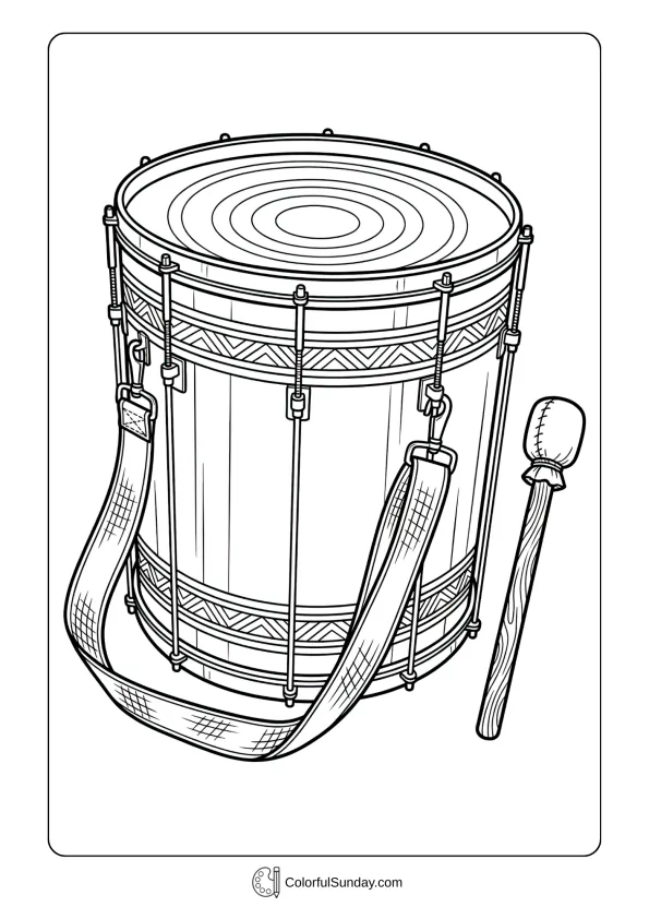 Brazilian surdo drum with shoulder strap coloring page and beater stick for samba music rhythms