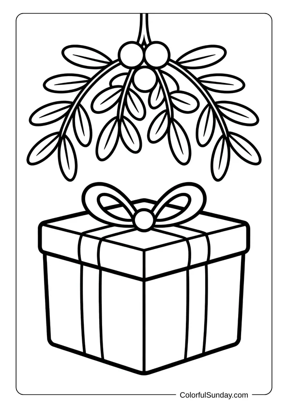 Mistletoe hangs above a Christmas present, creating a festive scene in this fun coloring page.