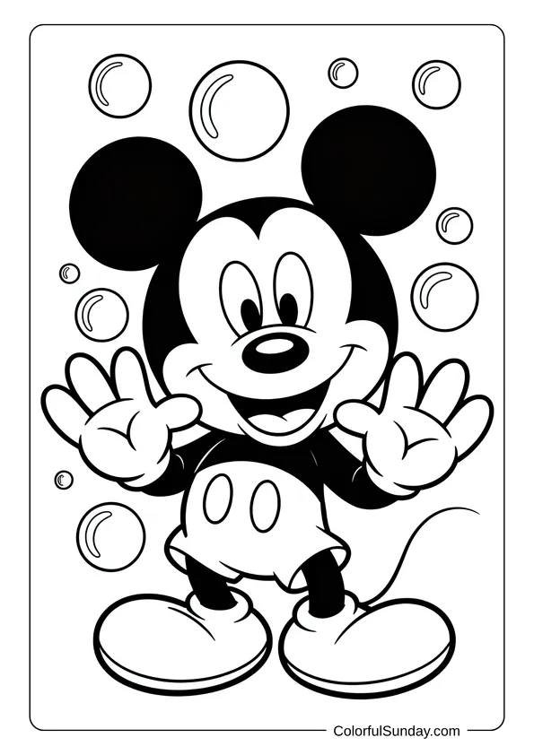 Pikachu From Pokemon Coloring Page Surrounded by floating bubbles, Mickey Mouse looks excited in this cheerful coloring page.