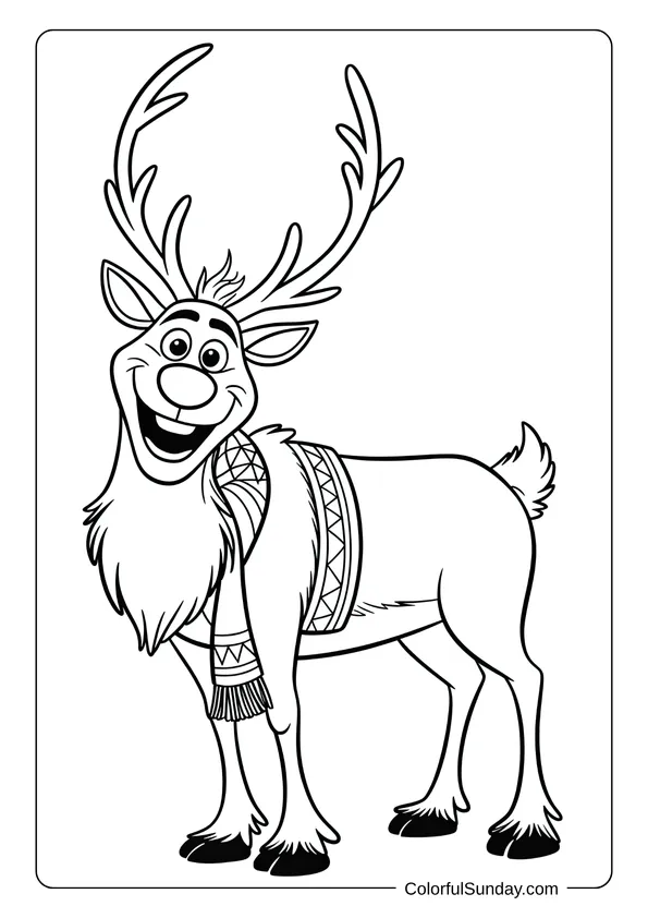 Sven the reindeer from Frozen smiling brightly while wearing a patterned scarf, presented in a Christmas coloring page.