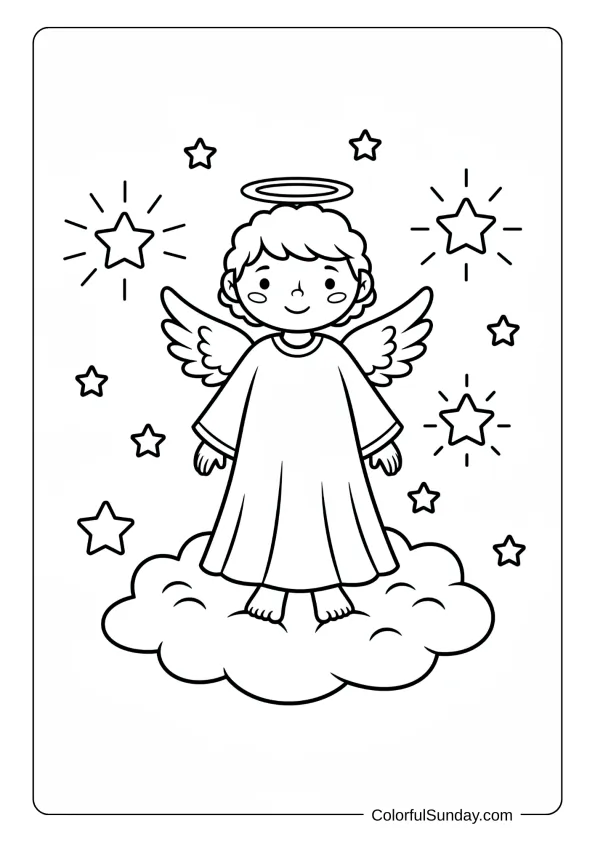 A sweet child angel coloring page with small wings surrounded by twinkling stars and fluffy clouds.