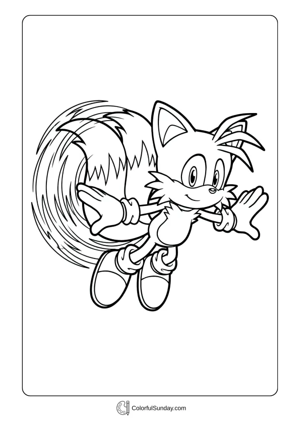 A coloring page of Tails from Sonic flying with spinning tails coloring sheet