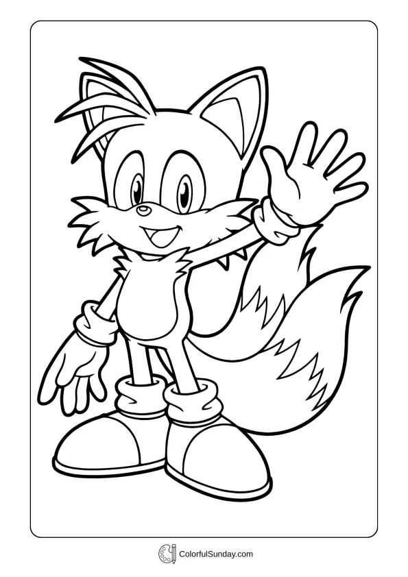 A coloring page of Tails from Sonic waving happily coloring sheet
