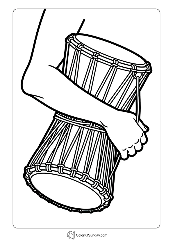 A coloring page of African talking drum with hourglass shape and squeeze-able tension ropes under arm