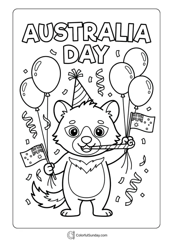 Cute Tasmanian devil character in a coloring page with Australia Day party theme and decorations
