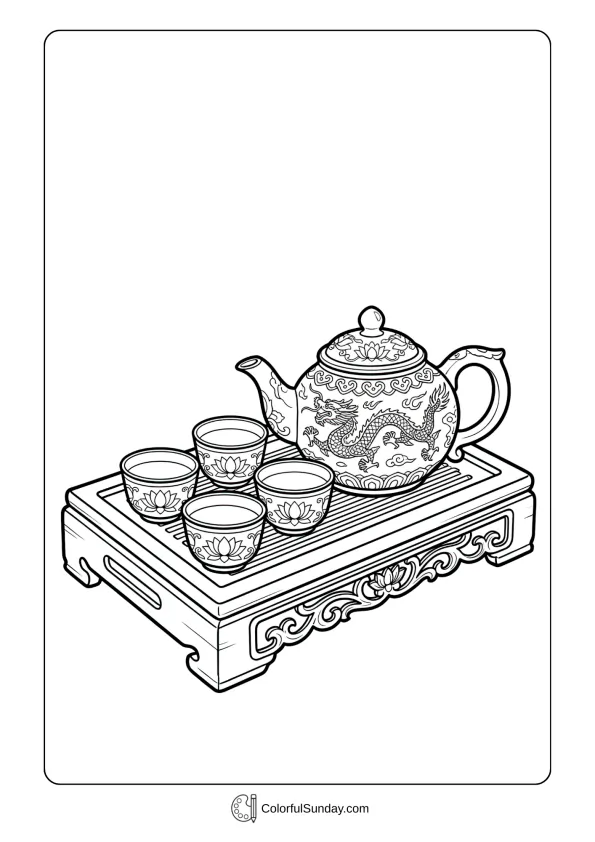Traditional teapot and cups for Chinese New Year family gathering coloring page