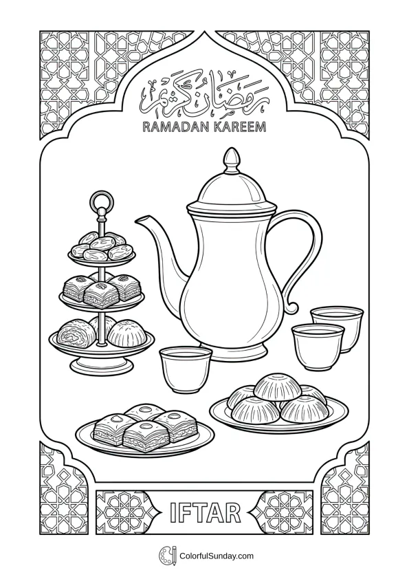 Traditional tea set with pastries for Ramadan iftar coloring page