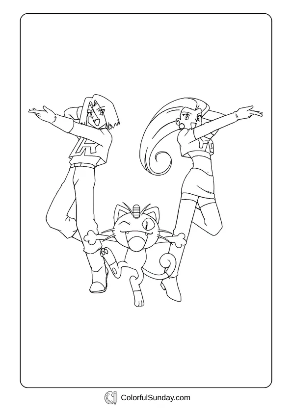 Pokemon Badges And Logo Coloring Page Jessie, James, and Meowth from Pokémon strike their Team Rocket pose, and the dynamic trio fills this coloring page.