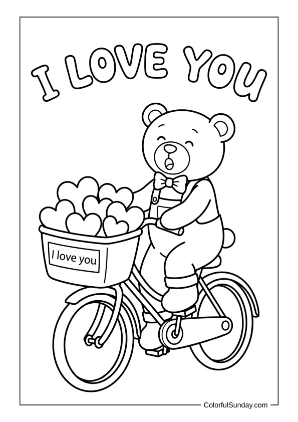 Teddy bear riding a bicycle carrying hearts with an I love you sign in a coloring page.