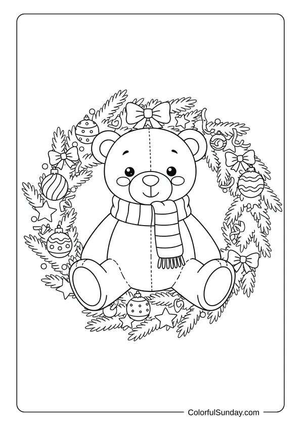 A Christmas wreath coloring page with a teddy bear wearing a scarf decoration.