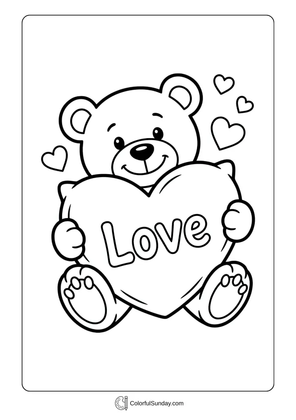 A cute teddy bear hugs a big heart on a Valentine's Day coloring page.