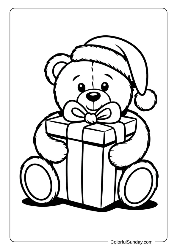 A teddy bear wearing a Santa hat cuddles a Christmas present in a cute holiday coloring page.