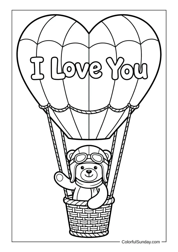 Teddy bear flying in a heart-shaped balloon with the words I love you in a sky coloring page.