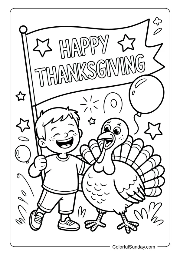A joyful child standing beside a smiling turkey holding a Happy Thanksgiving flag in a festive coloring page.