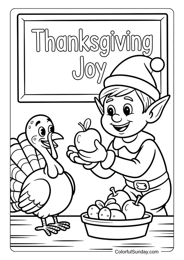 A happy elf handing an apple to a cheerful turkey under a framed sign that reads Thanksgiving Joy in a fun coloring page.