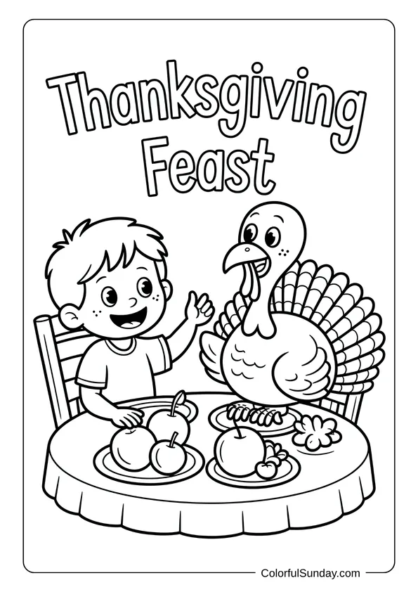 A boy and a turkey smiling at a table filled with fruit in a Thanksgiving feast coloring page.