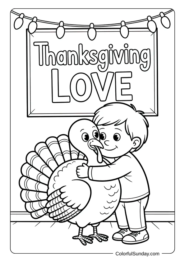 A warm Thanksgiving coloring page showing a boy hugging a happy turkey under a sign that says “Thanksgiving Love.”