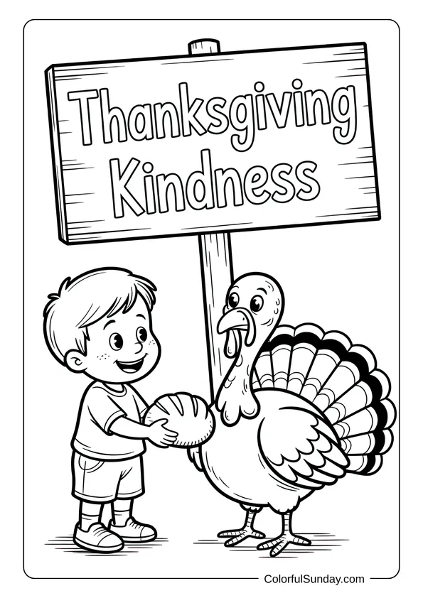 A young boy sharing food with a turkey near a wooden sign that reads Thanksgiving Kindness in a coloring page.