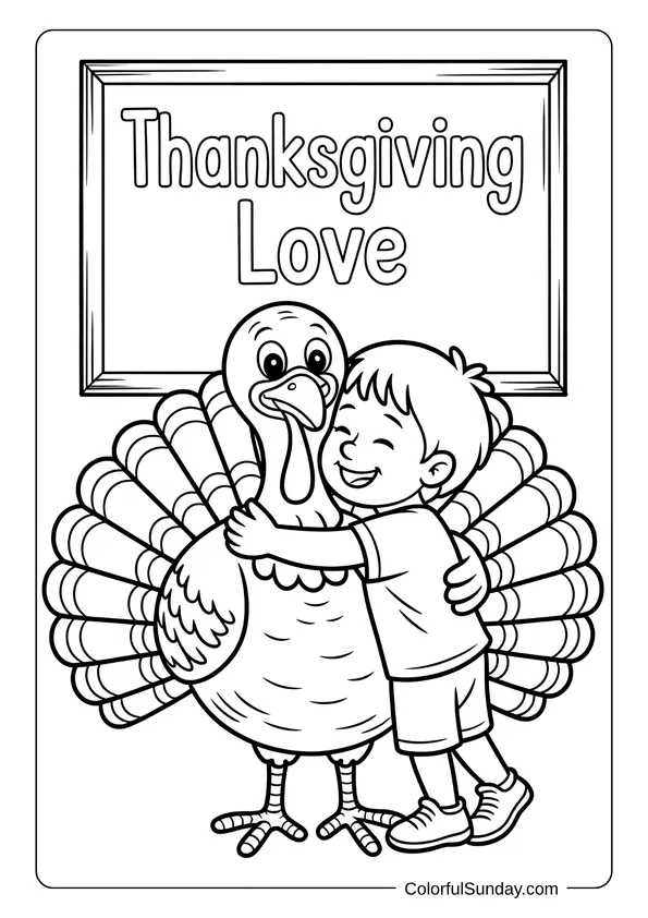 A boy hugging a turkey under a framed Thanksgiving Love sign in a sweet and warm coloring page.
