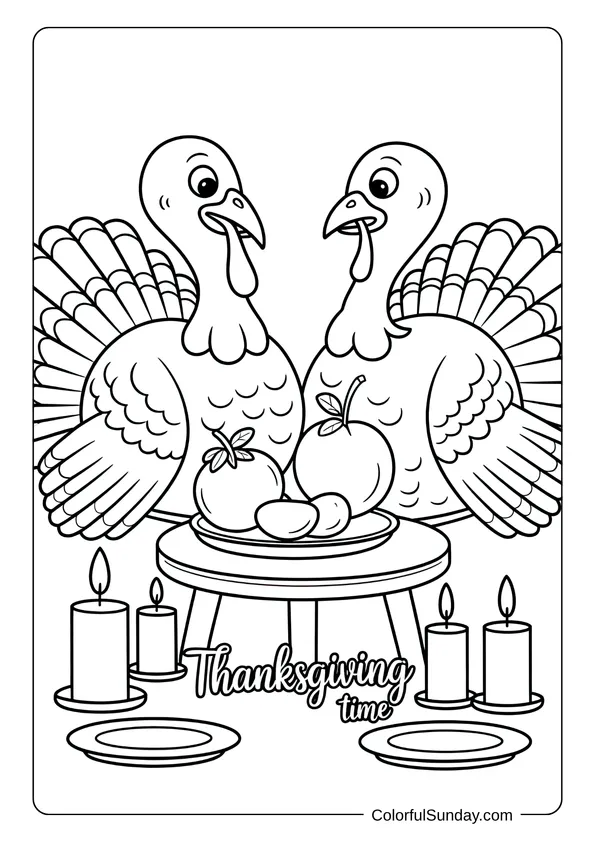 Two turkeys sharing fruit at a candlelit table in a peaceful Thanksgiving time coloring page.
