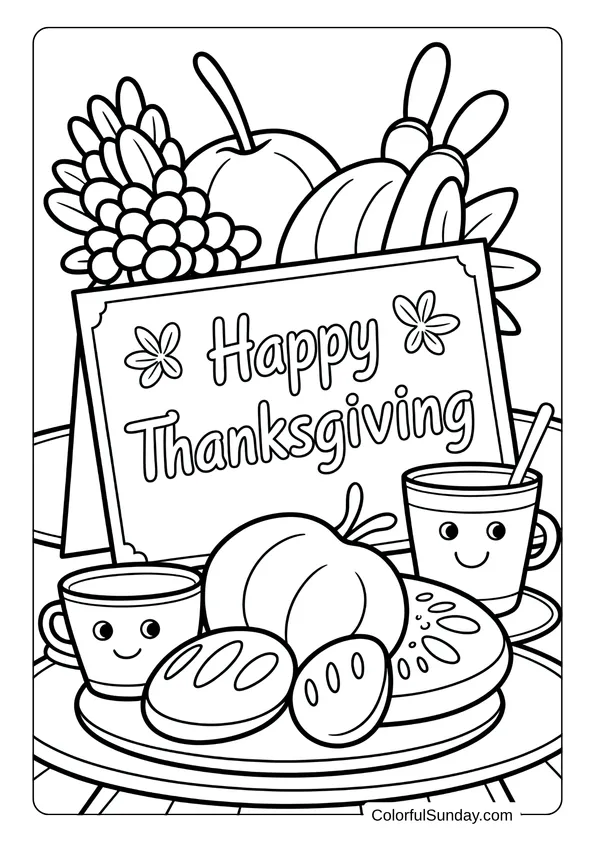 A table full of fruits, bread, and drinks with a Happy Thanksgiving sign in the middle of a detailed coloring page.