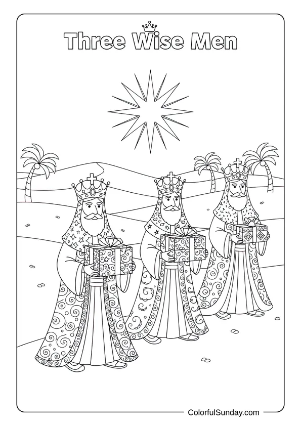 A nativity coloring picture of three wise men on their journey following the star.
