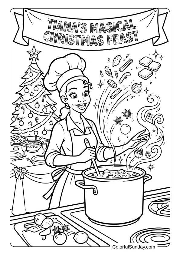 Tiana preparing festive feast with magical ingredients for celebration in this Disney Christmas coloring page.