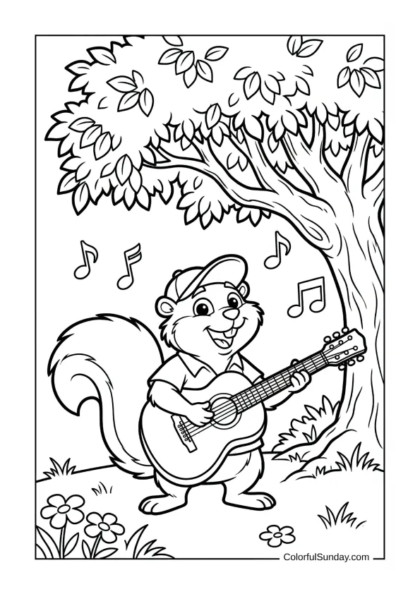 Tico playing guitar under a tree with music notes swirling in this Dora the Explorer coloring page.