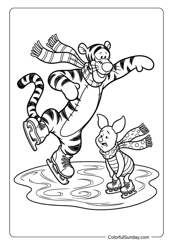 Coloring page of Disney Christmas with Tigger and Piglet ice skating together while wearing cozy winter scarves.