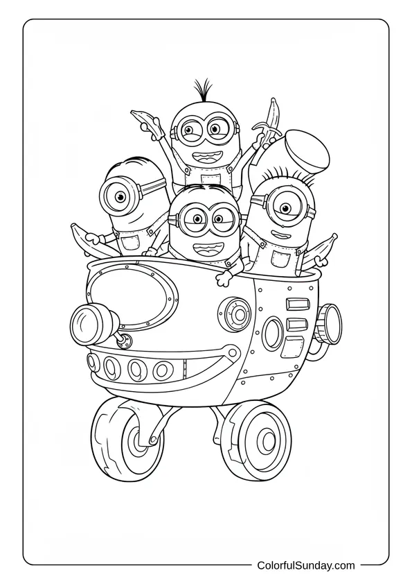 Four adventurous Minions riding a quirky machine with excitement in a creative coloring page.