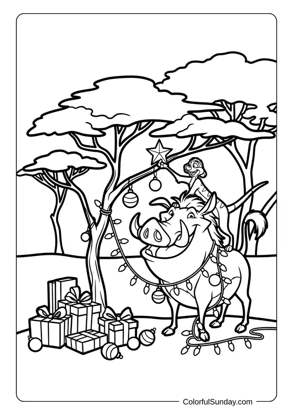 A coloring page of Timon and Pumbaa decorating savanna with ornaments for Disney Christmas celebration.