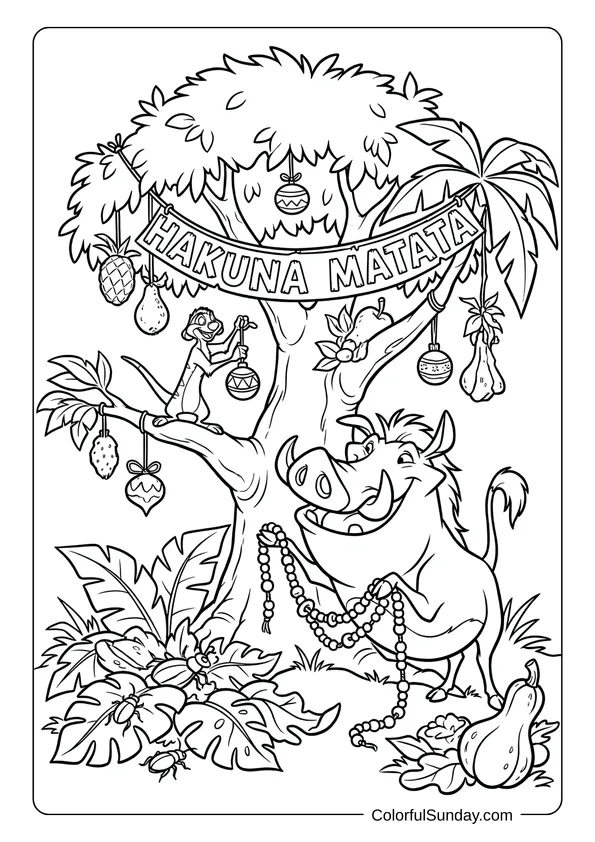 Timon and Pumbaa pose under a Hakuna Matata wreath during Disney Christmas in a Lion King coloring sheet