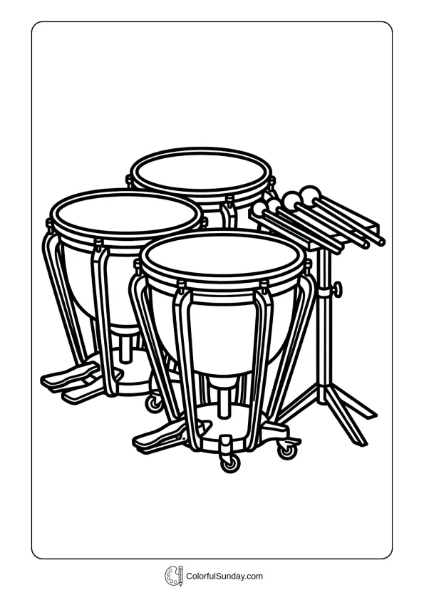 A coloring page of orchestra timpani drums on wheels with pedal tuning system and mallets ready