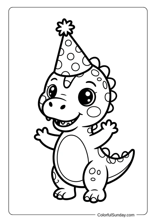 Little dinosaur wearing a party hat and smiling widely in a fun kawaii coloring page.