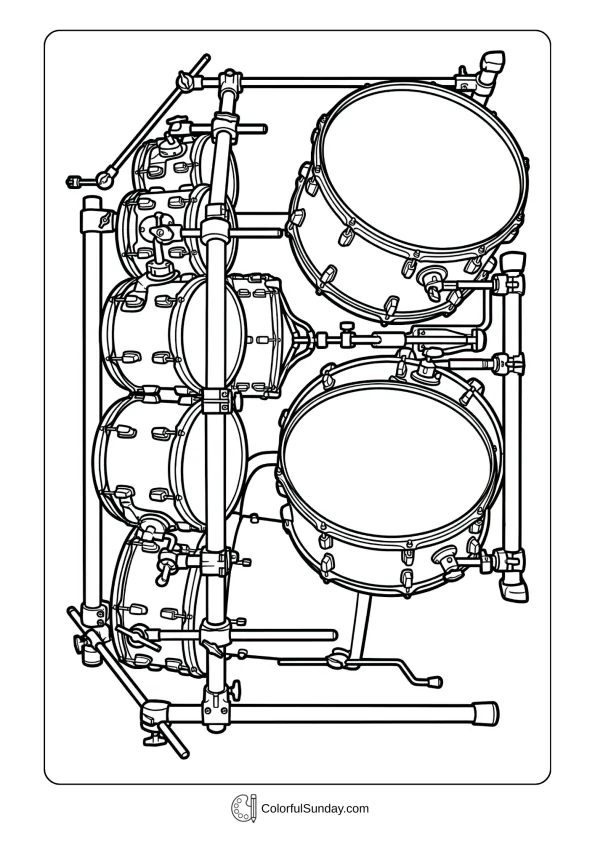 A coloring page featuring rack of tom-tom drums in various sizes mounted together with detailed hardware