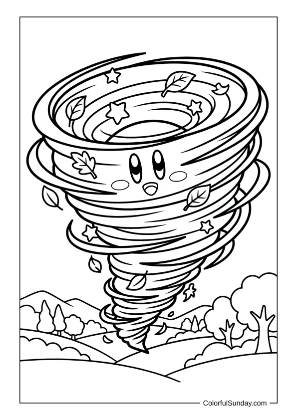 Tornado Kirby spins into a huge whirlwind lifting leaves and stars in this energetic coloring page