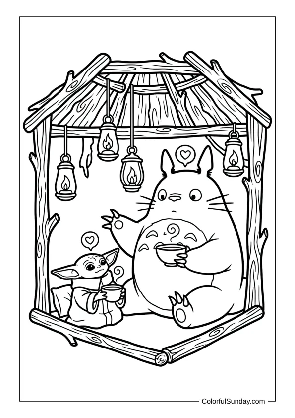Totoro and Baby Yoda sharing soup and stories inside a cosy forest hut under glowing lanterns on a tender coloring page