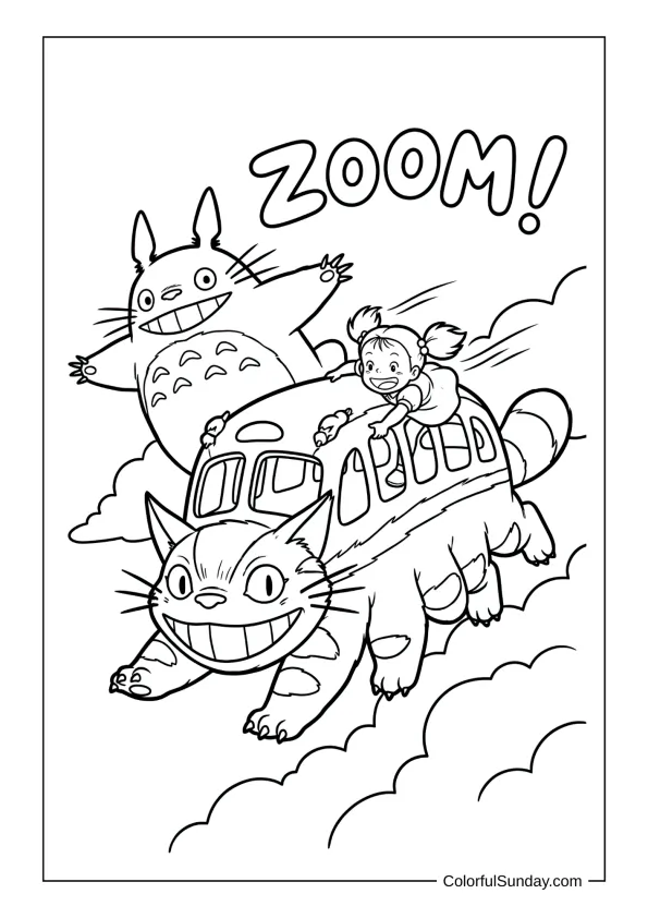 Totoro racing the Catbus through clouds with Satsuki along for the ride on a thrilling coloring page