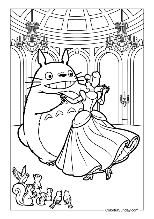 Totoro dancing with Cinderella under chandeliers in a grand ballroom as animals watch on this elegant coloring page