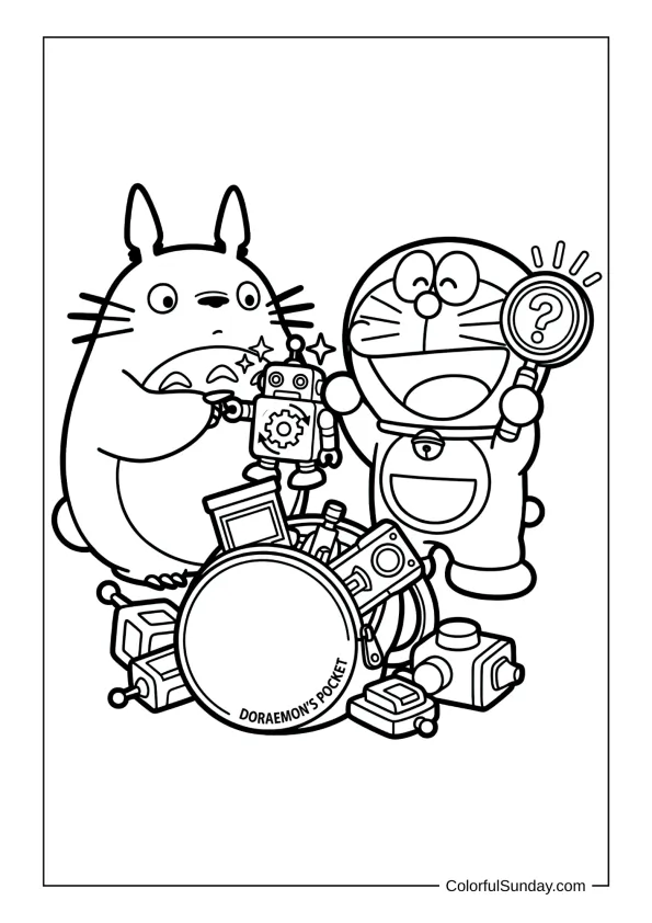 Totoro discovering gadgets with Doraemon from his magic pocket, sharing laughs and amazement in this imaginative coloring page