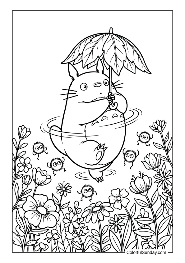Totoro dancing among flowers with dust sprites and a leafy parasol in an enchanting coloring page