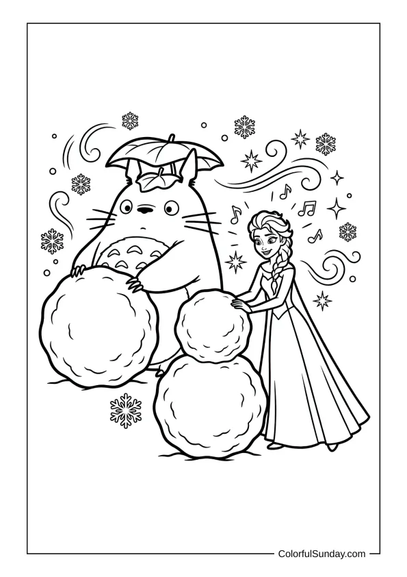 Totoro building a snowman with Elsa as snowflakes swirl and smiles shine on this enchanting coloring page