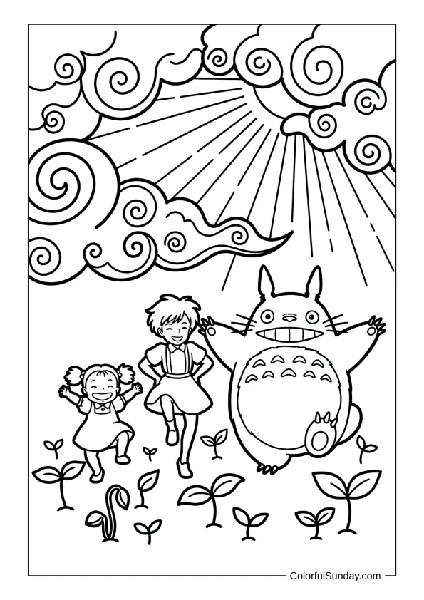 Totoro dancing with Mei and Satsuki among young plants under clearing clouds on a vibrant coloring page