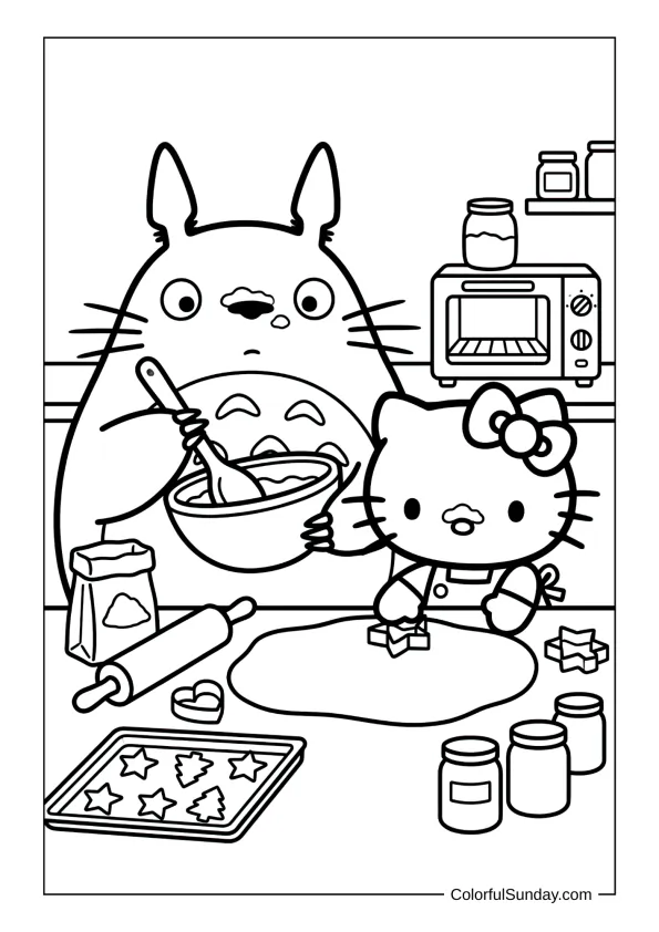 Totoro and Hello Kitty baking cookies together in a cosy kitchen with flour on their noses on a sweet coloring page