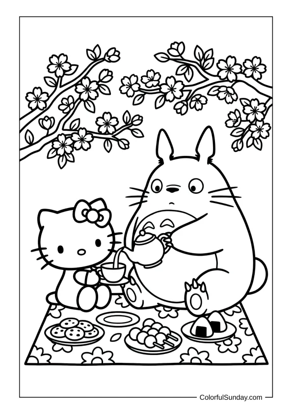 Totoro and Hello Kitty enjoying a tea party under flowering branches in this delightful coloring picture