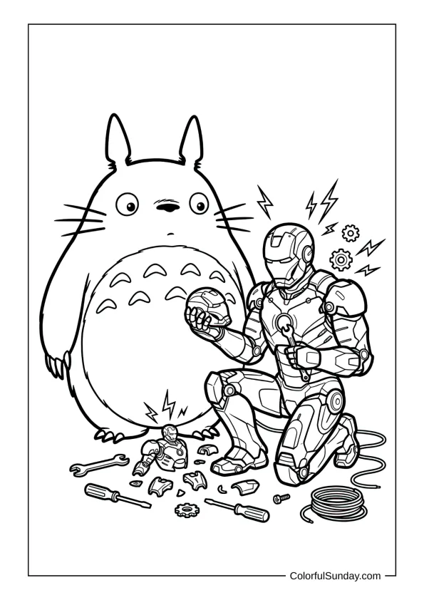 Totoro watching Iron Man build him a tiny suit of armor with sparks and tools around on a fun coloring page