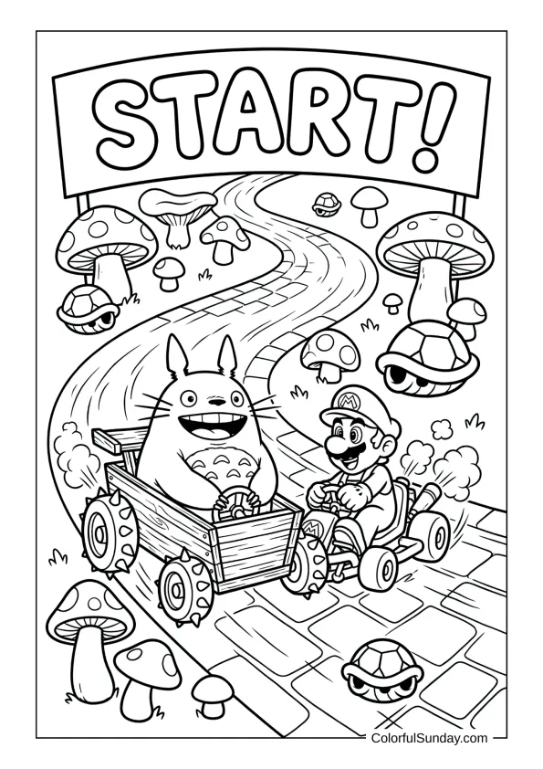 Totoro racing Mario on a winding kart track with mushrooms and shells on a thrilling coloring sheet