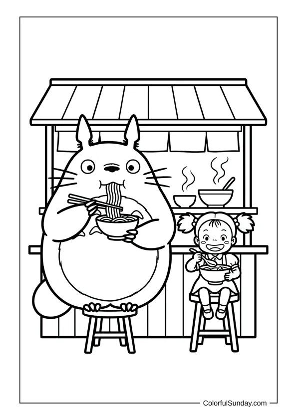 Totoro and Mei enjoying steaming bowls of ramen at a cosy stall in a heartwarming coloring picture